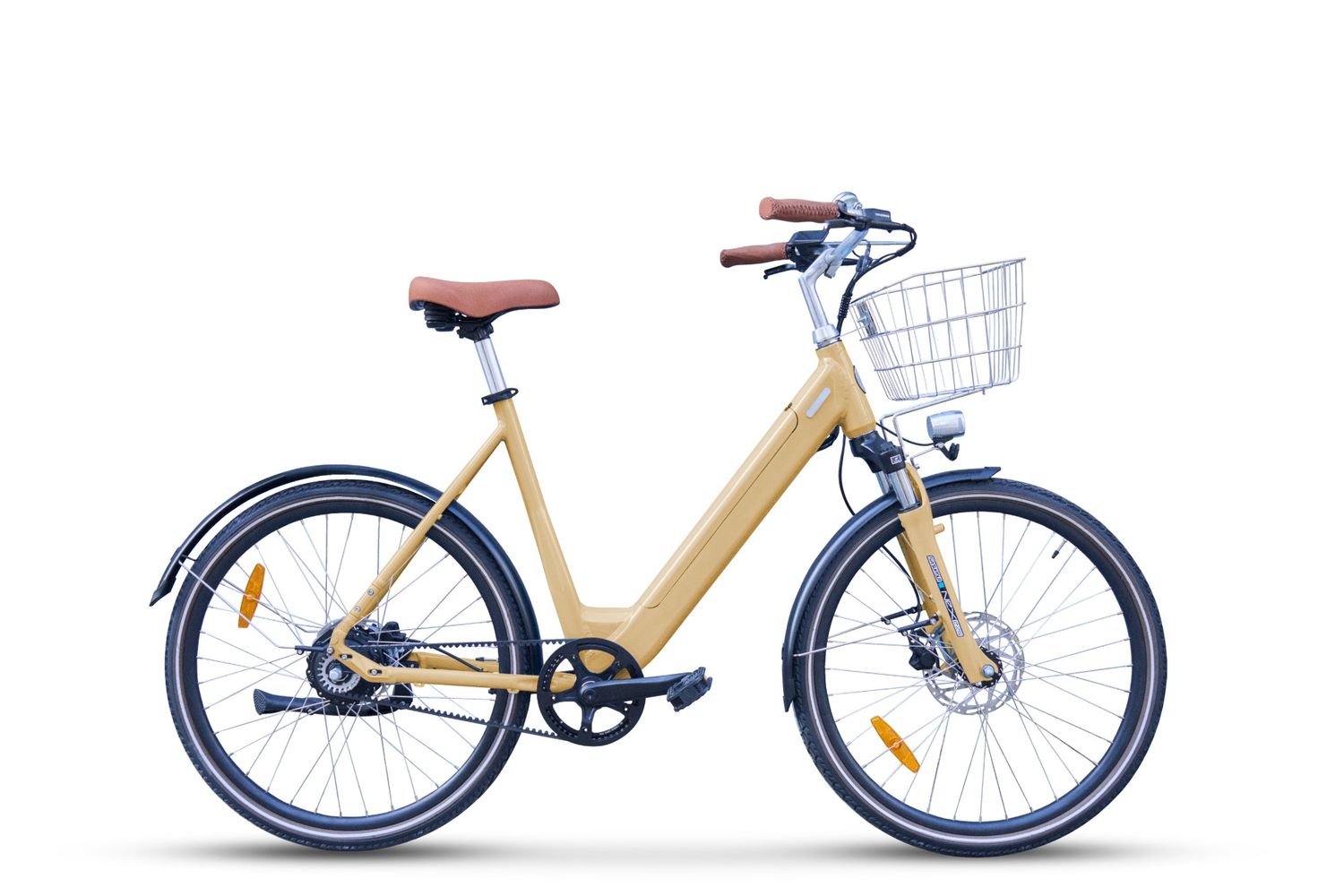 Un vélo électrique de ville de couleur ocre