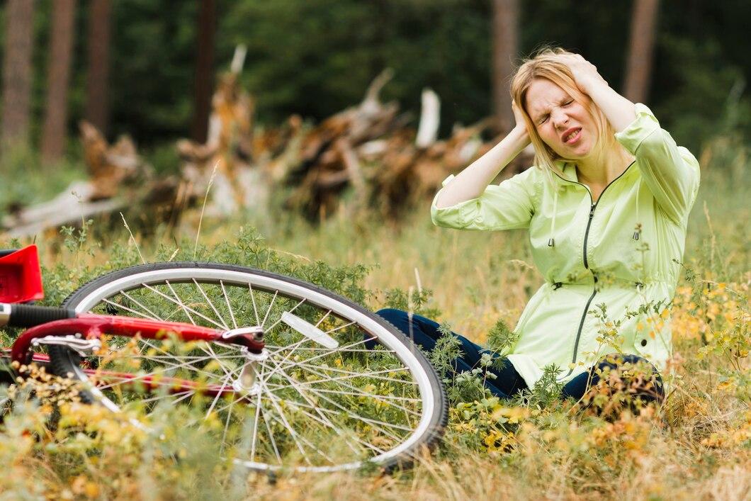 Une femme qui râle en étant tombée par terre à côté de son vélo