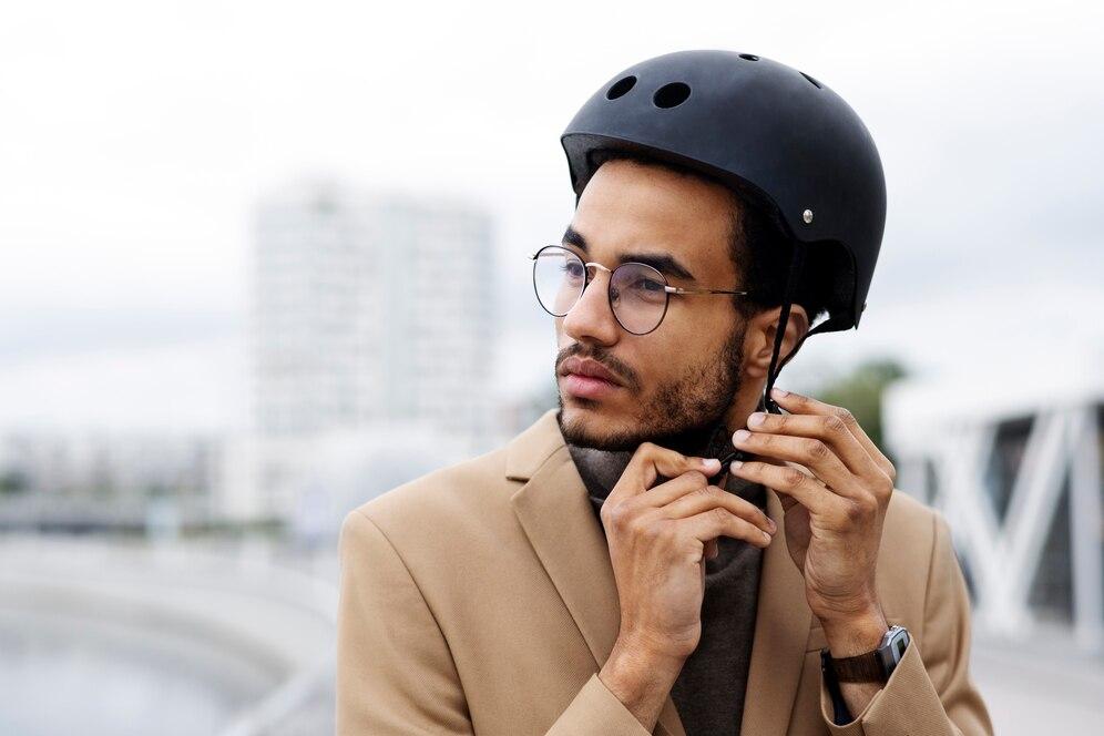 Un homme qui enfile son casque de vélo
